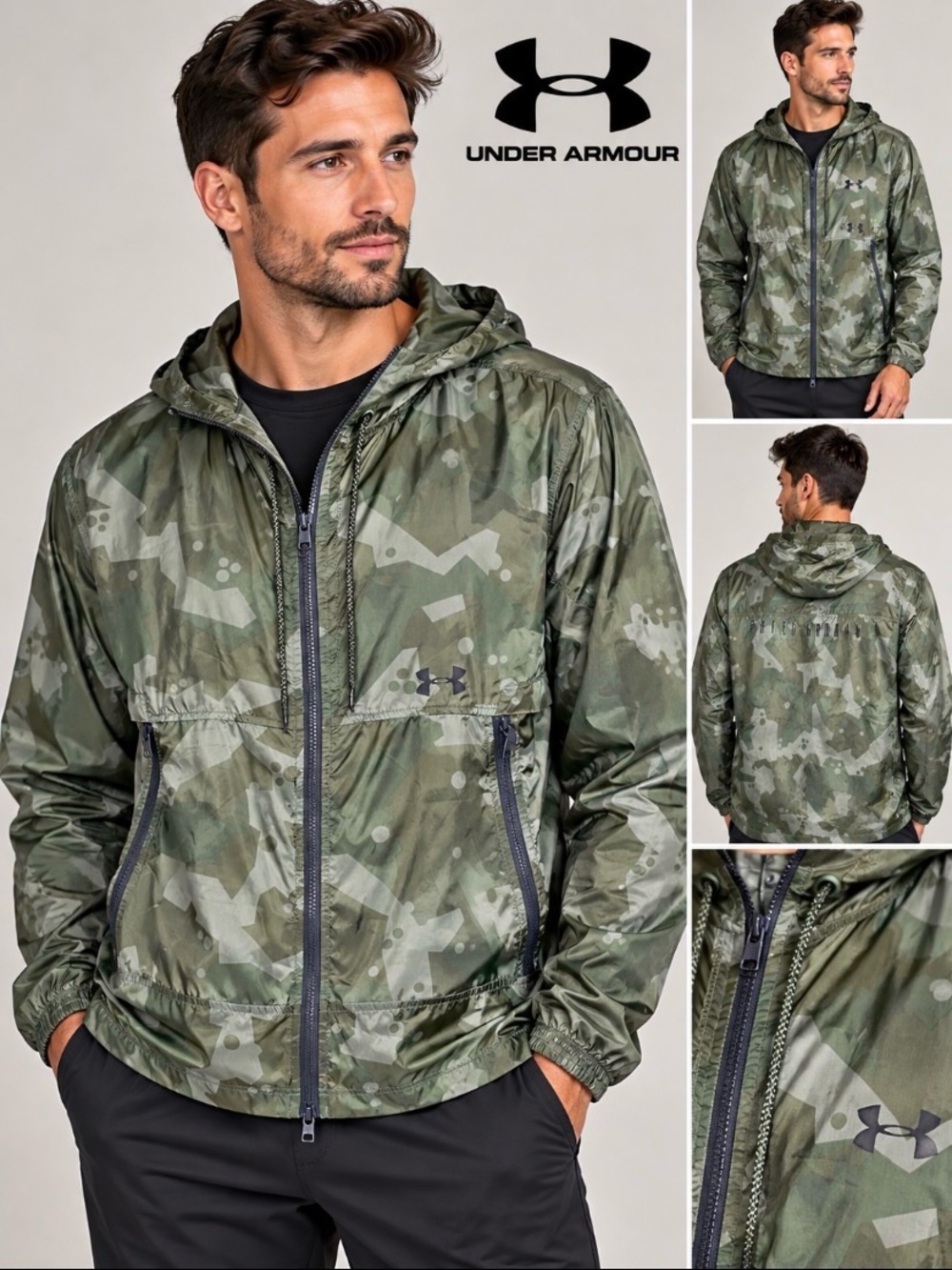 Under Armour Men's Camo Hooded Windbreaker Jacket Green Size Large NWT